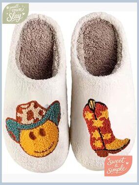 Retro Smiley Face Plush Slippers, Anti-Slip, Lightweight, Unisex